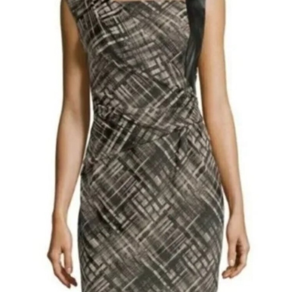 Lafayette 148 New York Vania Leather Trim Sheath Designer Dress EA023 - Picture 2 of 10